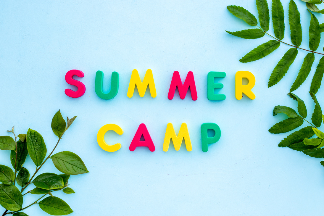 Text Summer Camp with green tree branches. Forest kids camp concept